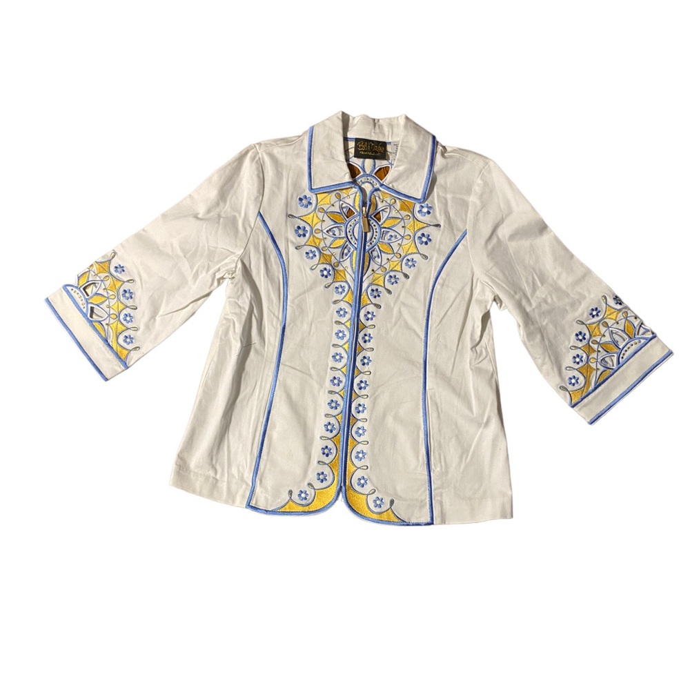 Bob Mackey Wearable Art M Women's White Jacket Blue Gold Embroidered Full Zip